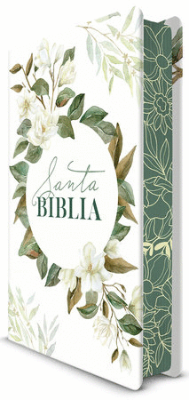 BIBLIA RVR 1960 LETRA GRANDE TAMAO MANUAL, TAPA DURA CON FLORES BLANCAS Y CANTOS PINTADOS